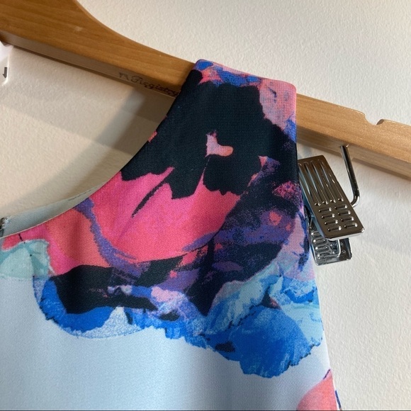 TAHARI Sz 14 Handkerchief Overlay Bold Pastel Floral Zipper in Back Dress - Picture 5 of 16